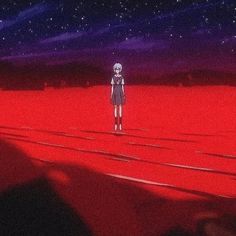 a person standing in the middle of a red field at night with stars above them