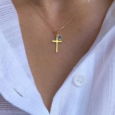 Minimal Solid Gold  Cross Necklace With Solid Gold Tiny Evil Eye pendant, made of high-quality 14k Solid Gold chain. Elegant necklace for both everyday or special looks.  Ideal for baptism or Easter gift. The length of Solid Gold Cross is 2.2 cm.The weight is app. 1 gr. Length approx. 15 inches / 38 cm - with 1.2 inch extension. ♥ All items will come in a nice gift box ♥ ★ Read our policies before purchase: https://www.etsy.com/shop/Jewellusion/policy/ ★ Convo me for custom orders or any questio Blue Cross Pendant Necklace For Gift, 14k Gold Blue Clavicle Chain Jewelry, Dainty Blue 14k Gold Necklace, Everyday Blue Clavicle Chain Necklace, Minimalist Blue Charm Necklace For Everyday, Dainty Blue Clavicle Charm Necklace, Minimalist Blue Round Pendant Charm Necklace, Blue Evil Eye Necklace, Cross Necklace Simple