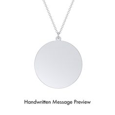 A fun and thoughtful keepsake, this one-of-a-kind disc necklace features engraved personal drawings or a handwritten message, such as a baby’s first scribbles, a child’s special drawing, or a loved one’s meaningful note. To personalize your pendant, upload a clear image of your drawings or handwritten notes drawn on clean white paper. We will then engrave them directly on the front of the disc pendant. Design this unique piece in sterling silver, gold-plated silver, white, yellow, or rose gold, Meaningful Personalized Silver Necklace, Silver Adjustable Round Pendant Name Necklace, Adjustable Sterling Silver Round Pendant Name Necklace, Adjustable Personalized Round Pendant Name Necklace, Personalized Silver Initial Necklace Round Disc, Handwritten Notes, Disc Pendant, Disc Necklace, Metal Necklaces