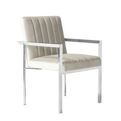 a white chair with a beige upholstered seat and metal frame, viewed from the front