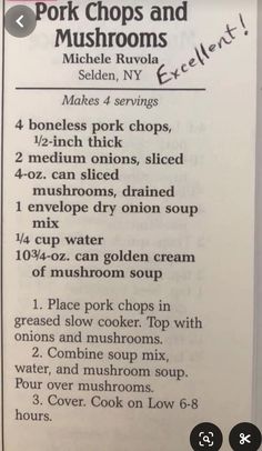 the instructions for making pork chops and mushrooms in an old recipe book, which is now on sale