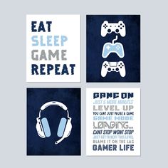 four posters with headphones on them and the words eat, sleep, game repeat