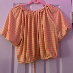 This Shirt Is Light And Fun And Perfect For Spring And Summer! It’s Got Cuffed, Half Length Sleeves And The Shirt Itself Is Also Elastic Cuffed. The Back Has Strings That Tie The Neckline As Tight Or As Loose As You Wish! Brand New And Never Worn. Striped Crew Neck Tops For Vacation, Striped Crop Top For Spring, Cute Striped Tops For Vacation, Yellow Cotton Crop Top With Short Sleeves, Spring Striped Crop Top, Playful Yellow Short Sleeve Sets, Summer Yellow Crop Top With Built-in Bra, Yellow Soft-washed Short Sleeve Tops, Yellow Moisture-wicking Short Sleeve Tops