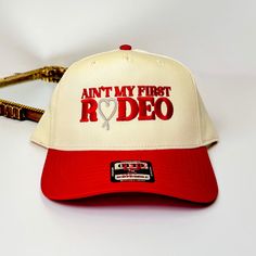 Ain’t My First Rodeo Vintage Hat in Red and Cream - Giddy Up Glamour Boutique Red Fitted Hat For Rodeo, Red Hat For Rodeo, One Size Fits Most, Red Rodeo Hat, One Size Fits Most, Vintage Trucker Hat For Rodeo, Vintage Snapback Rodeo Hat, Giddy Up Glamour, Vibrant Red, Hats Vintage, Rodeo