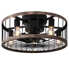 an industrial style ceiling light fixture with three bulbs on the top and two lights in the middle