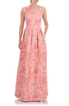 Kay Unger Cara Pleated One-Shoulder Jacquard Gown available at #Nordstrom Jacquard Gown, Kay Unger, One Shoulder Gown, Column Gown, Groom Dress, Bride Dresses, Long Gown, Fashion Over 50