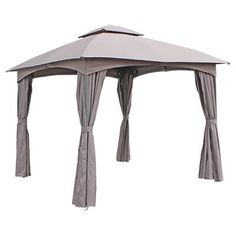 an outdoor gazebo with curtains on the top and side walls, set against a white background