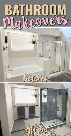 bathroom makeovers before and after pictures with text overlay that says bathroom makeovers before and after