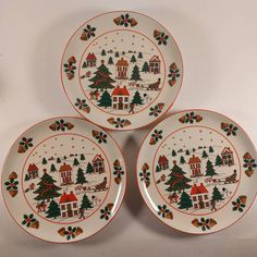 Lovely set of 4 vintage Christmas Salad Plates. Fine China- made in Japan. Nice winter scene, Village, Sleigh, Christmas tree, houses, snowman, kids playing, sledding. Love this plate set. So joyful.  In great condition with no chips, cracks or crazing, but some peeling off of the paint on the outside edges. See photo for one peeled area. 4 or 5 small peeled off sections. This is normal for age and usage. Great addition to your Christmas dinning ware collection Christmas Salad Plates, Snow Christmas Tree, Christmas Salad, Christmas Salads, Snow Christmas, Winter Scene, Village Houses, Fitz And Floyd, Plates Set