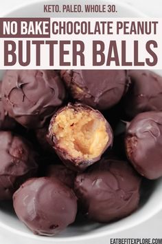 no bake chocolate peanut butter balls in a white bowl with text overlay that reads, no bake chocolate peanut butter balls