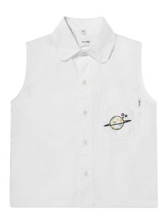 white/multicolour cotton classic collar front button fastening sleeveless chest patch pocket embroidered design straight hem Cotton Tank Top With Pockets For Summer, Summer Cotton Tank Top With Pockets, White Sleeveless Cotton Vest, White Cotton Vest Top, Casual Sleeveless School Vest, Casual Sleeveless Top For School, Classic Cotton Vest Top, White Cotton Vest With Buttons, White Cotton Tops With Pockets