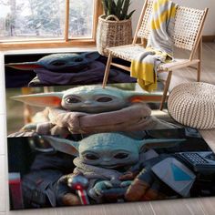 star wars baby yoda and the child rugs are on display in a living room