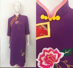 "The cheongsam (from Cantonese Chinese: 長衫; Jyutping: coeng4saam1;/ˈtʃiːɒŋˈsæm1] /ˈtʃɒŋˈsæm/ or /ˈtʃɒŋˈsɑːm/) is a body-hugging one-piece Chinese dress for women, also known as qipao (from Mandarin Chinese: 旗袍; pinyin: qípáo; Wade-Giles: ch'i-p'ao; IPA: [t͡ɕʰǐ pʰɑ̌ʊ̯] ( listen)) or qípáo, x was ROC's mandarin gown. The stylish x often tight-fitting cheongsam or qipao (chipao) that is best known today was created in the 1920s in Shanghai x made fashionable by socialites x upper class women.--WIKI Purple Burmese Dress, Bill Hicks, Oversized Sweater Cardigan, Vintage Dress 70s, Qipao Dress, Cheongsam Dress, 70s Dress, Silk Midi Dress, Chinese Dress