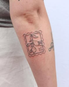 a woman's arm with a tattoo on it that has fruit in the frame