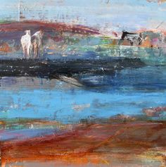 an abstract painting with cows in the distance