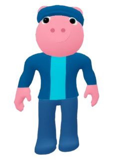 a cartoon pig with a blue shirt and hat on, standing in front of a white background