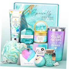 an assortment of bath products displayed in front of a blue box with the words you are awesome written on it