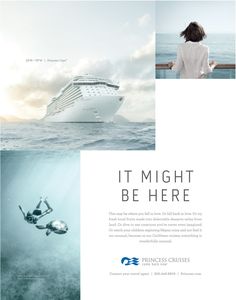 an advertisement for princess cruises featuring two people swimming in the ocean, and a cruise ship