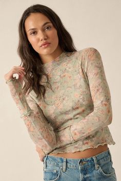 Every Rose Floral Mesh Long-Sleeve Mock-Neck Top | ShopPromesa Sheer High Neck Mesh Top For Spring, Spring High Neck Mesh Top For Layering, Spring Turtleneck Mesh Top With Sheer Sleeves, Spring Turtleneck Mesh Top For Layering, Spring Sheer Turtleneck Mesh Top, Sheer Turtleneck Mesh Top For Spring, Spring Layering Mesh Top, Spring Tops With Mesh Sleeves For Layering, Trendy Stretch Mock Neck Top For Spring