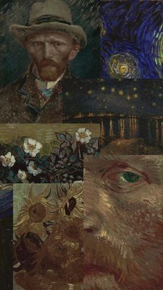 a collage of four different paintings with one man's face in the center