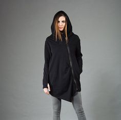 Apocalypse Clothing, Asymmetric Hoodie, Asymmetrical Sweatshirt, Gothic Jackets, Black Hoodie Women, Black Hooded Sweatshirt, Loose Hoodie, Hoodie Women, Hoodie Coat