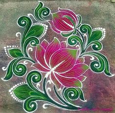 an artistically painted flower design on a concrete surface with green leaves and swirls