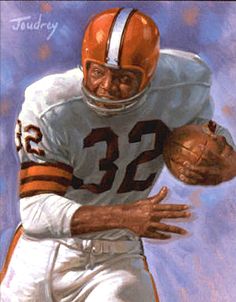 a painting of a football player holding a ball in his right hand and wearing an orange helmet