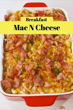 breakfast mac n cheese in a red casserole dish with bacon and green onions