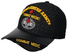 United States Army Combat Medic hat, quality embroidery, fits many men and some women with adjustable strap up to about 23 inch heads. Heavy duty construction. Caduceus emblem/logo. Black color. One size fits many men, some women. Adjustable hook and loop strap closure High Quality direct 3D Puff embroidery Mid-profile structured crown, 6 panel with curved standard length bill Stitched ventilation eyelets at the top to help keep your head cool and provide ventilation. Velcro Strap Button on Top Military Style Black Adjustable Snapback Hat, Adjustable Black Military Snapback Hat, Black Adjustable Military Snapback Hat, Black Military Trucker Hat For Outdoor, Adjustable Black Military Trucker Hat, Military Style Black Adjustable Trucker Hat, Black Military Trucker Hat, Military Style Black Visor Snapback Hat, Black Adjustable Military Trucker Hat