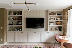 a living room filled with furniture and a flat screen tv on top of a wall