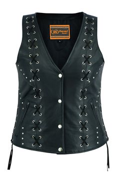 DS234 Women's Open Neck Sexy Vest with Chrome Rivets and Lacing Details This is a fabulous silver studded and leather lace ultra soft leather vest that is both stylish and inspiring while providing the durability you need on a long ride and a sexy look at the rally. This studded back ladies leather vest with side laces will hold your club logos and patches. But it does include everything you need when you hit the open road, or attend your favorite rally. This vest features one inside pocket and Motorcycle Leather Vest, Leather Biker Vest, Black Leather Vest, Leather Store, Biker Outfit, Biker Shirts, Smart Women, Open Neck, Custom Jacket