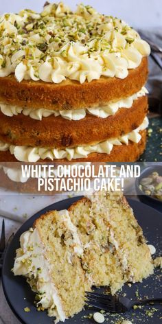 there is a cake with white chocolate and pistachio icing on it, next to a piece of cake