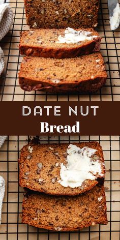 three slices of date nut bread on a cooling rack