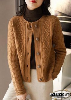 Crew Neck Cardigan With Buttons For Fall, Crew Neck Button Cardigan For Fall, Cozy Crew Neck Cardigan With Buttons, Beige Crew Neck Cardigan With Button Closure, Crew Neck Cardigan, Cardigan Sweater Jacket, Casual Cardigans, Comfortable Room, Cable Knit Cardigan