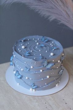 a blue cake with white frosting and butterflies on it