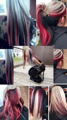 Hair Dye Parting, Streaked Colored Hair, S Curl Hair, Rainbow Brunette Hair, Pink Color Blocking Hair, Blonde Hair With Other Colors, Split Hair Hairstyles, Black Low Lights For Blonde Hair, Indie Hair Dye Ideas