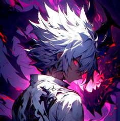 an anime character with white hair standing in front of purple and red flames, looking at the camera