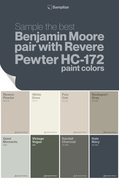 the best paint colors for your home with text overlay that reads, sample the best benjamin moore paint with revere pewter hc - 17 paint colors