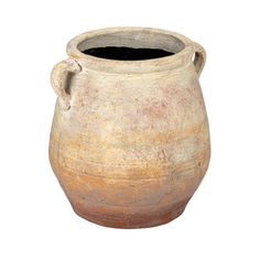 an old clay pot is shown on a white background