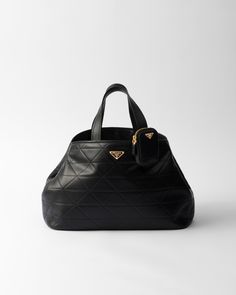 Black Large Quilted Leather Tote Bag | PRADA Leather Zipper Pouch, Large Leather Bag, Bag Prada, Fall Bags, Embroidered Tote Bag, Embroidered Tote, Black Leather Tote Bag, Handbag Wallet, Triangle Logo