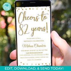 Purchase, Edit, Download and Send within minutes. This 82nd birthday gold glitter digital mobile text invitation is perfect for you to customize and send yourself. All done through an easy-to-use app. Very simple to edit and send using your home computer, laptop, or smartphone. No physical items will be printed or shipped with this order. You will receive a PDF with instructions how to edit and print your new digital design file. ✔️ TRY BEFORE YOU BUY  Copy and paste this link below into your favorite browser to access the FREE DEMO. https://www.corjl.com/d/GE2AL ✔️ WHAT CAN I EDIT? You will be able to edit and remove text, add text, and add your own images. The background is the only thing that CANNOT be edited. ✔️ HOW FAST WILL I GET MY TEMPLATE? Your design template will be available fo 74th Birthday, 72 Birthday, 92nd Birthday, 77th Birthday, 88th Birthday, 76th Birthday, 79th Birthday, 59 Birthday, 85th Birthday