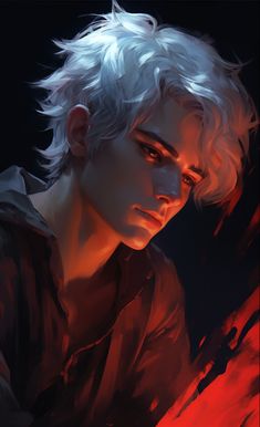 an image of a man with white hair and red eyes looking at something in the distance