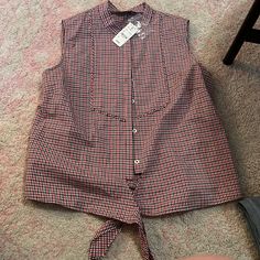 New With Tags Plaid Print With Tie Detail At The Bottom Plaid Summer Tops For Work, Summer Workwear Plaid Blouse, Casual Sleeveless Plaid Blouse, Short Trench Coat Women, Brooks Brothers Women, Maroon Shorts, Ruffle Collar Blouse, Short Trench Coat, Embroidered Tunic Top