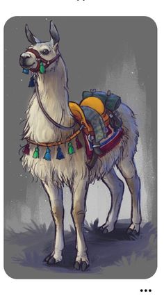 the llama is wearing a backpack and standing in front of a gray background with words on it