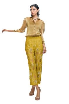 Savannah and golden organza shirt with a separate slip. Comes with chantilly lace pant with sequins and beaded hand embroidery. - Aza Fashions Organza Shirt, Lace Pants, Beaded Neckline, Green Pants, Chantilly Lace, Pant Set, Shirt And Pants, Set For Women, Aza Fashion