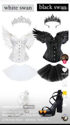 a white swan outfit with black shoes and tiara on the bottom, is featured in this