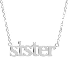 "Show off your sibling love with this sterling silver ""sister"" adjustable necklace! Show off your sibling love with this sterling silver ""sister"" adjustable necklace! NECKLACE DETAILS 16"" chain length 2"" extender length 0.2"" drop length Clasp: spring-ring Chain type: cable Metal: sterling silver Plating: rhodium Finish: polished Nickel free Phrase: ""Sister"" Size: 18"". Gender: female. Age Group: adult." Friendship Sterling Silver Charm Necklace, Silver Adjustable Necklace For Best Friend Gift, Nickel Free Sterling Silver Name Necklace, Nickel-free Sterling Silver Name Necklace, Adjustable Silver Nickel-free Name Necklace, Adjustable Nickel-free Silver Name Necklace, Silver Name Necklace For Best Friend, Silver Custom Name Necklace For Best Friend, Adjustable Sterling Silver Name Charm Necklace