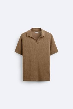 LINEN - VISCOSE KNIT POLO SHIRT - taupe brown | ZARA United States V-neck Polo Shirt With Ribbed Collar For Work, Textured Knit Collared Polo Shirt, Collared Textured Knit Polo Sweater, Textured Knit Polo Shirt For Work, Textured Knit Polo Sweater With Collared Neckline, Classic V-neck Top With Ribbed Collar, Textured Knit Polo Shirt With Polo Collar For Fall, Textured Knit Polo Shirt For Fall, Classic Brown Polo Shirt With Collared Neckline