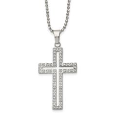 Celebrate and honor all special occasions with jewelry of religious significance! Our collection of spiritually inspired designs that show faith, hope and devotion are perfect for commemorating life's milestones. This polished stainless steel necklace features a voided cross pendant prong-set with white cubic zirconia stones that is approximately 26mm (1 inch) in width by 54mm (2 1/8 inches) in length, which includes the bail. It hangs on a 1.5mm width by 22-inch-long polished bead chain that cl Stainless Steel Cross Pendant, Ball Chain Necklace, Bow Jewelry, Popular Jewelry, Cross Pendant Necklace, Jewelry Companies, Faith Hope, Fashion Jewelry Necklaces, Black Bow