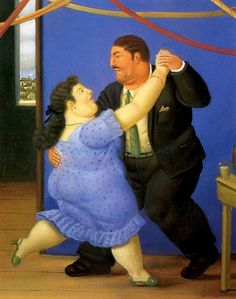 a painting of a man and woman dancing in front of a blue wall with ribbons